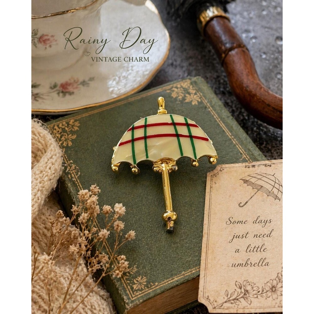 Vintage Umbrella Brooch, Whimsical Rainy Day Pin, Plaid Enamel Gold Tone Jewelry